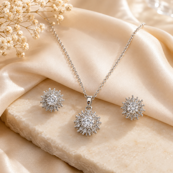 Silver Sunburst Pendant Set with Chain