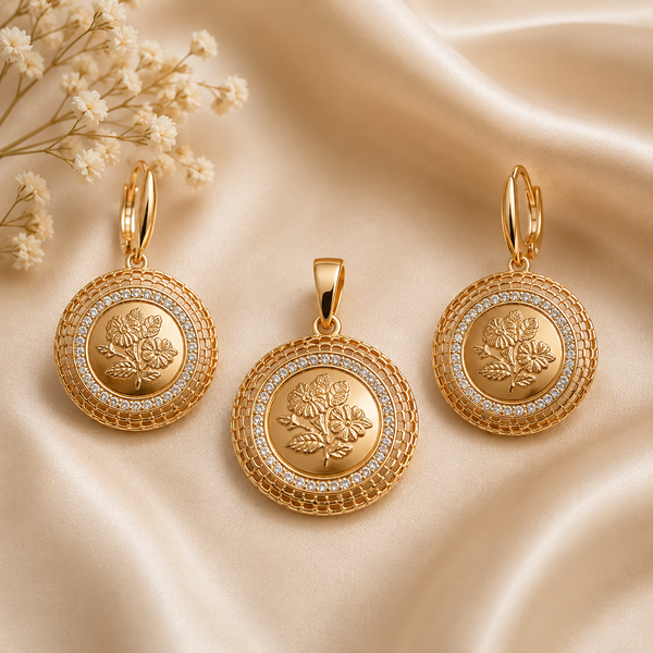 Rose Gold Floral Medallion Pendant & Earring Set