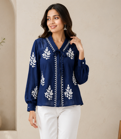 Navy Blue Handcrafted Chikankari Muslin Shirt
