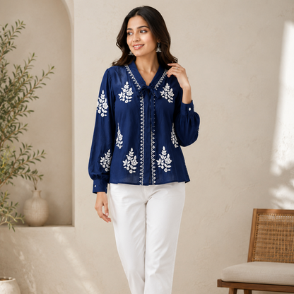Navy Blue Handcrafted Chikankari Muslin Shirt