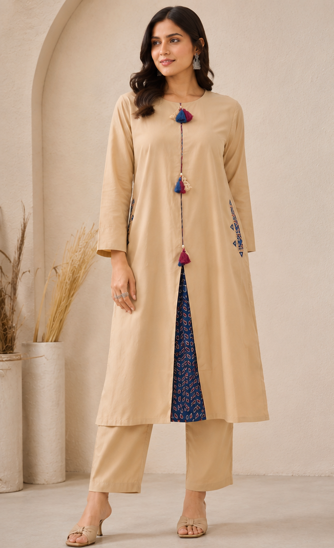 Premium Cotton Cord Set – Beige with Navy Blue Hand Block-Inspired Printed Detailing