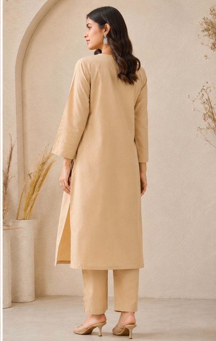 Premium Cotton Cord Set – Beige with Navy Blue Hand Block-Inspired Printed Detailing