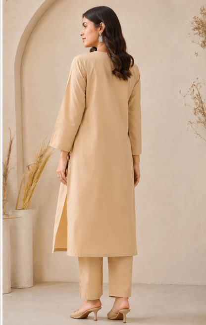 Premium Cotton Cord Set – Beige with Navy Blue Hand Block-Inspired Printed Detailing