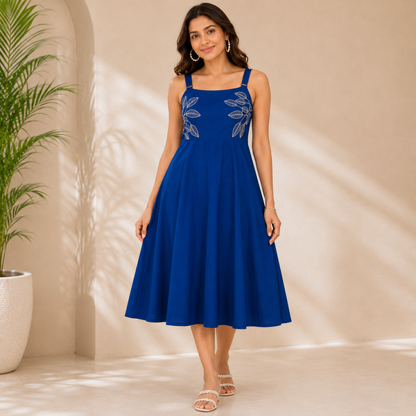 Royal Blue Cotton Embroidered One-Piece Dress