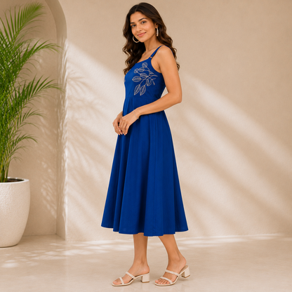 Royal Blue Cotton Embroidered One-Piece Dress
