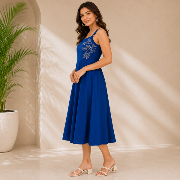 Royal Blue Cotton Embroidered One-Piece Dress