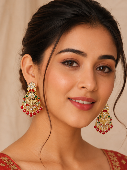 Traditional Kundan Chandbali Earrings with Red &amp; Green Enamel &amp; Pearl Drops