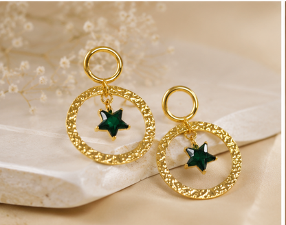 Gold-Tone Hammered Hoop with Emerald Green Star Charm