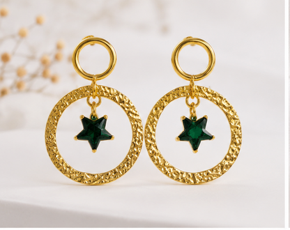 Gold-Tone Hammered Hoop with Emerald Green Star Charm