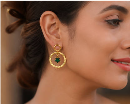 Gold-Tone Hammered Hoop with Emerald Green Star Charm