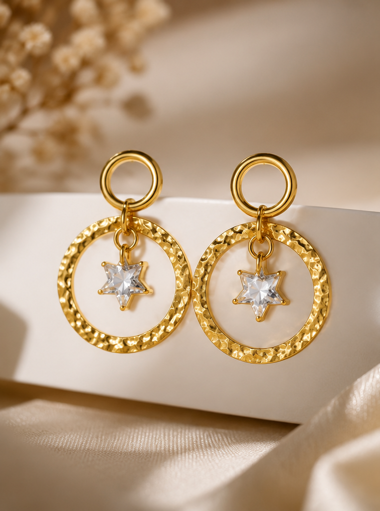 Gold-Tone Textured Hoop with Crystal Star Charm