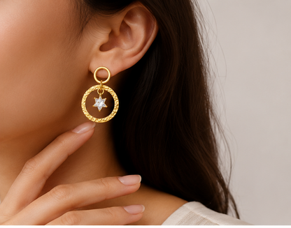 Gold-Tone Textured Hoop with Crystal Star Charm