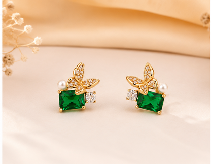 Emerald Bloom Floral Stud Earrings with CZ