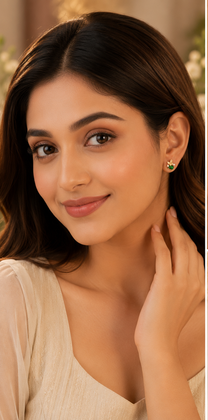 Emerald Bloom Floral Stud Earrings with CZ