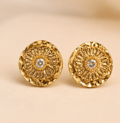 Gold Textured Round Stud  with Crystal Accent