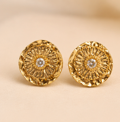 Gold Textured Round Stud  with Crystal Accent