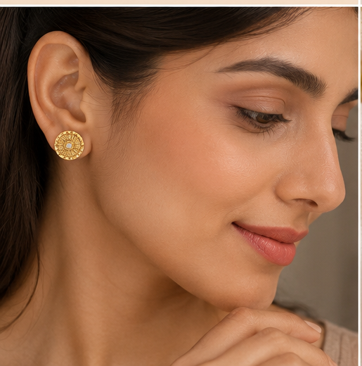 Gold Textured Round Stud  with Crystal Accent