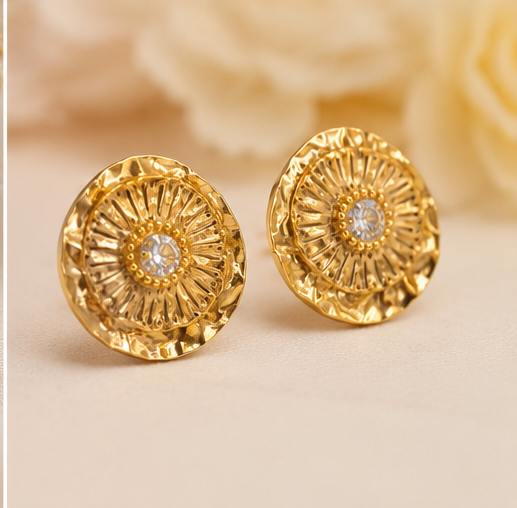 Gold Textured Round Stud  with Crystal Accent