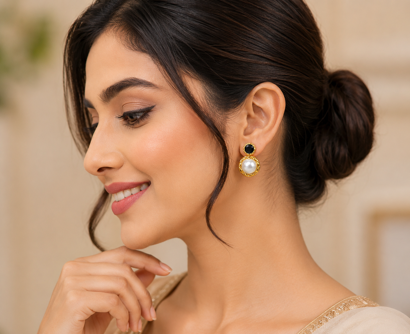 Black Stone & Pearl Gold-Tone Drop