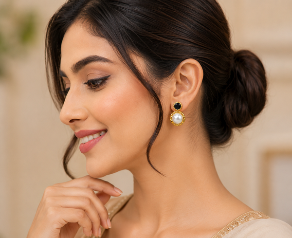 Black Stone & Pearl Gold-Tone Drop