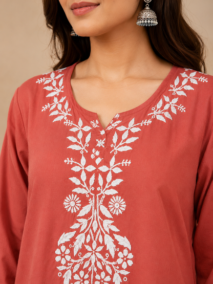 Handcrafted Rayon Chikankari Kurta Set - Rust