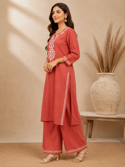 Handcrafted Rayon Chikankari Kurta Set - Rust