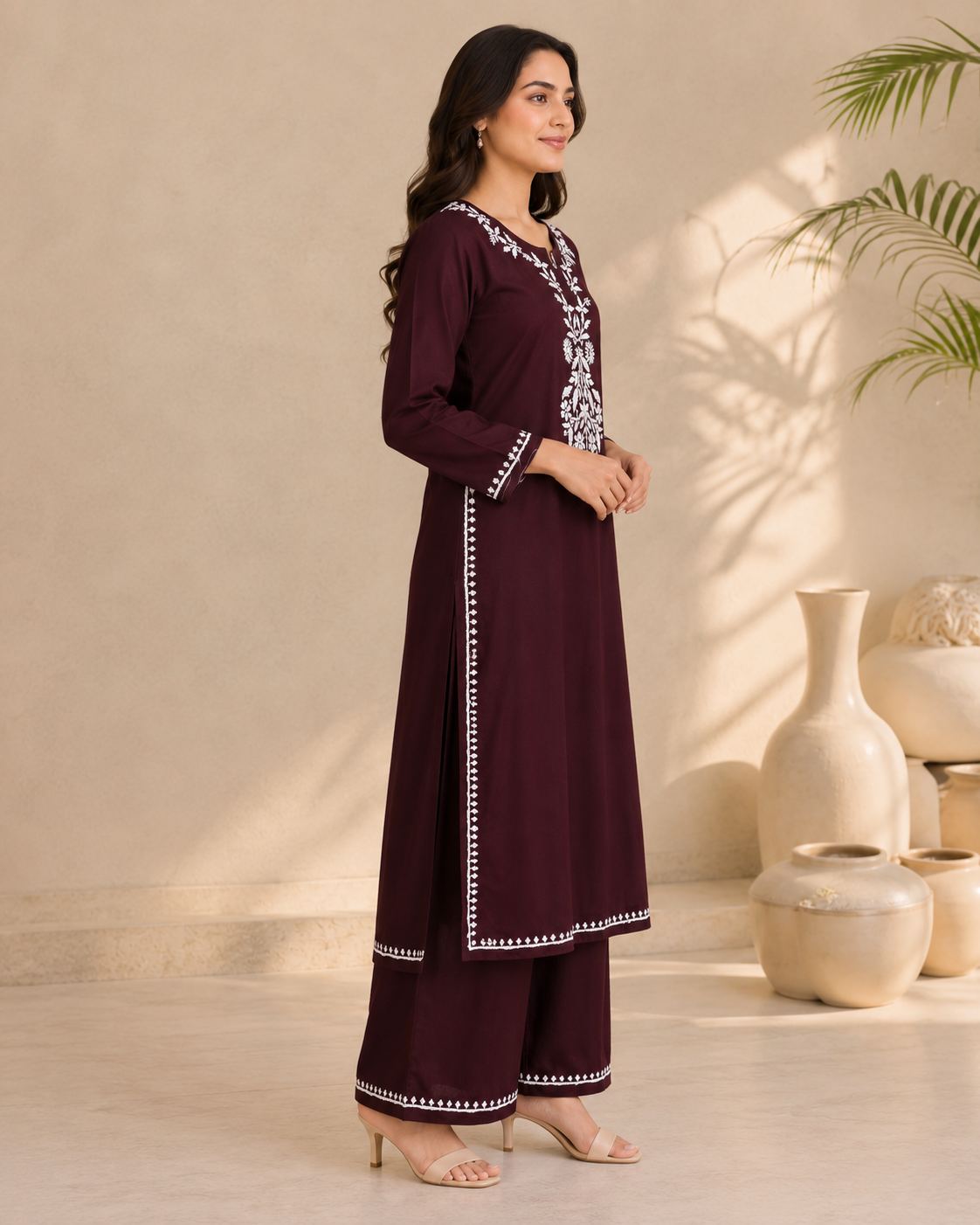 Handcrafted Rayon Chikankari Kurta Set – Chocolate Brown
