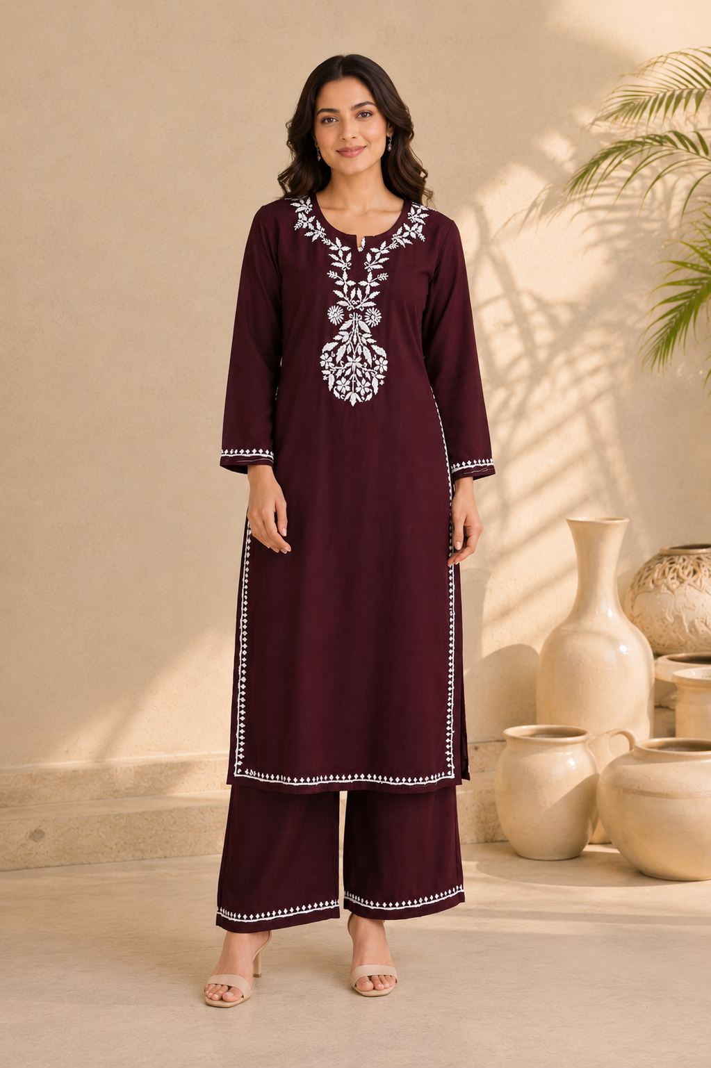 Handcrafted Rayon Chikankari Kurta Set – Chocolate Brown