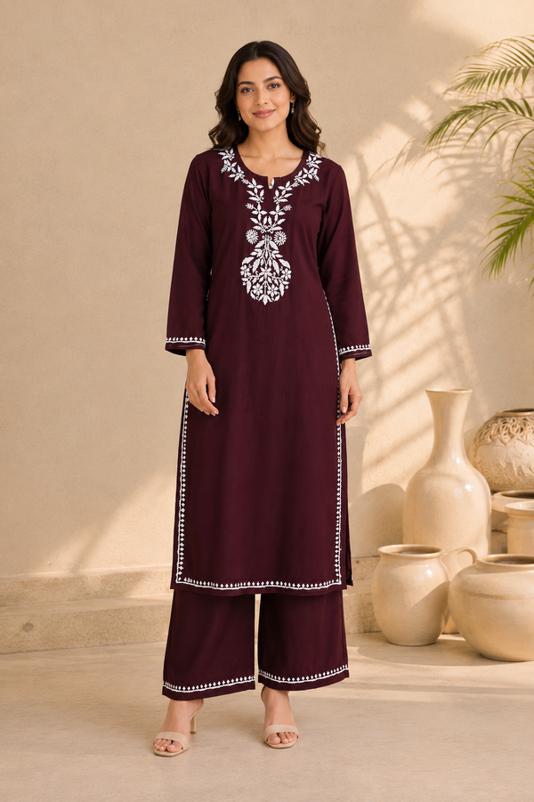 Handcrafted Rayon Chikankari Kurta Set – Chocolate Brown