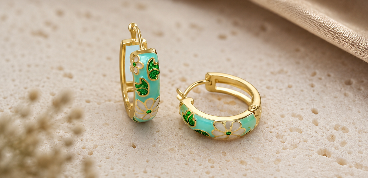 Floral Enamel Hoop Earrings – Pastel Green Daisy Collection
