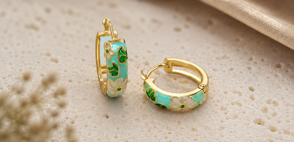 Floral Enamel Hoop Earrings – Pastel Green Daisy Collection