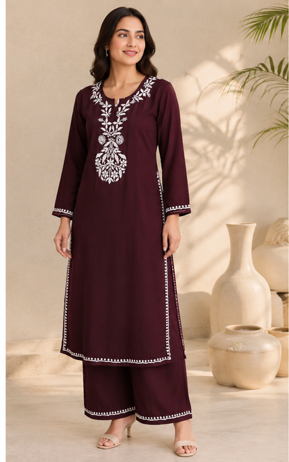 Handcrafted Rayon Chikankari Kurta Set – Chocolate Brown