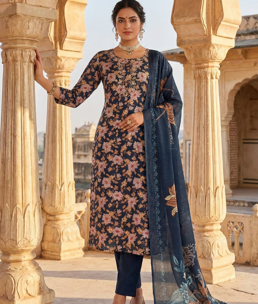 Navy Blue Floral Suit Set