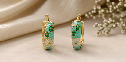 Floral Enamel Hoop Earrings – Pastel Green Daisy Collection