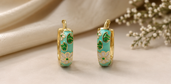 Floral Enamel Hoop Earrings – Pastel Green Daisy Collection