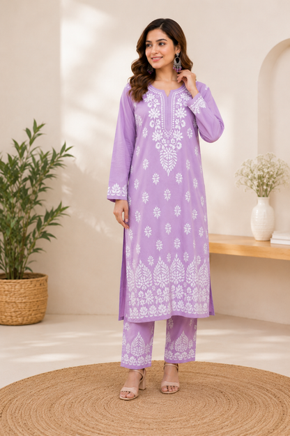Handcrafted Chikankari Kurta Set – Pastel Lilac