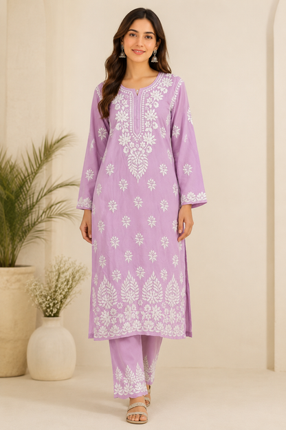 Handcrafted Chikankari Kurta Set – Pastel Lilac