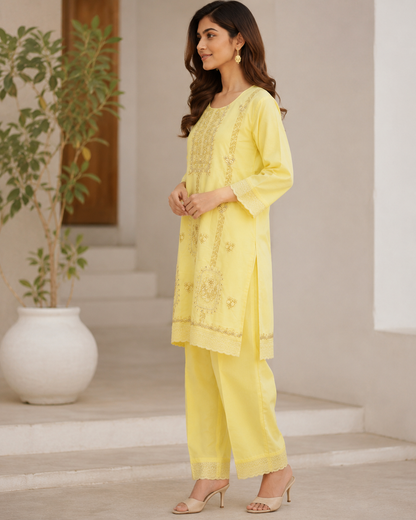 Lemon Yellow Embroidered Cotton Cord Set