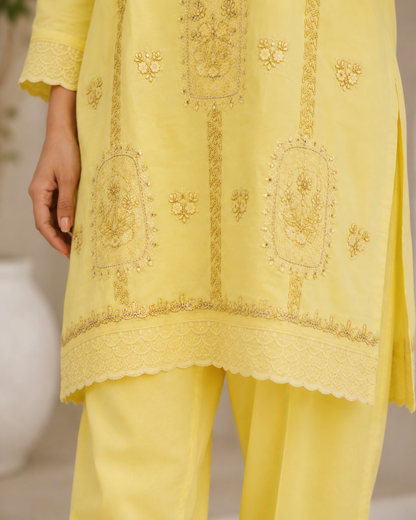 Lemon Yellow Embroidered Cotton Cord Set