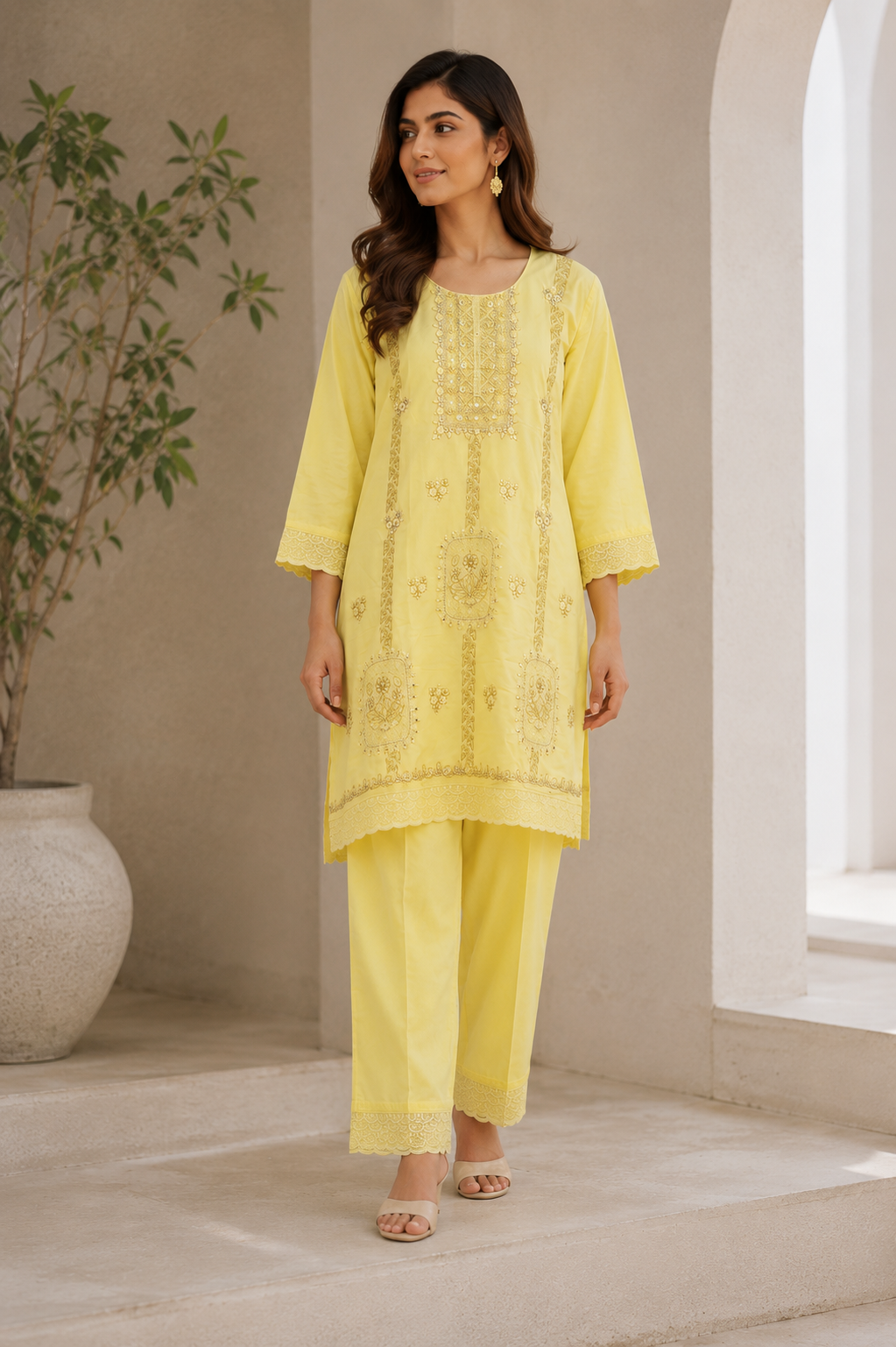 Lemon Yellow Embroidered Cotton Cord Set