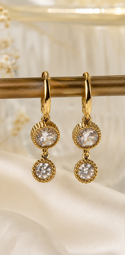 Gold-Tone Double Halo CZ Drop Earrings