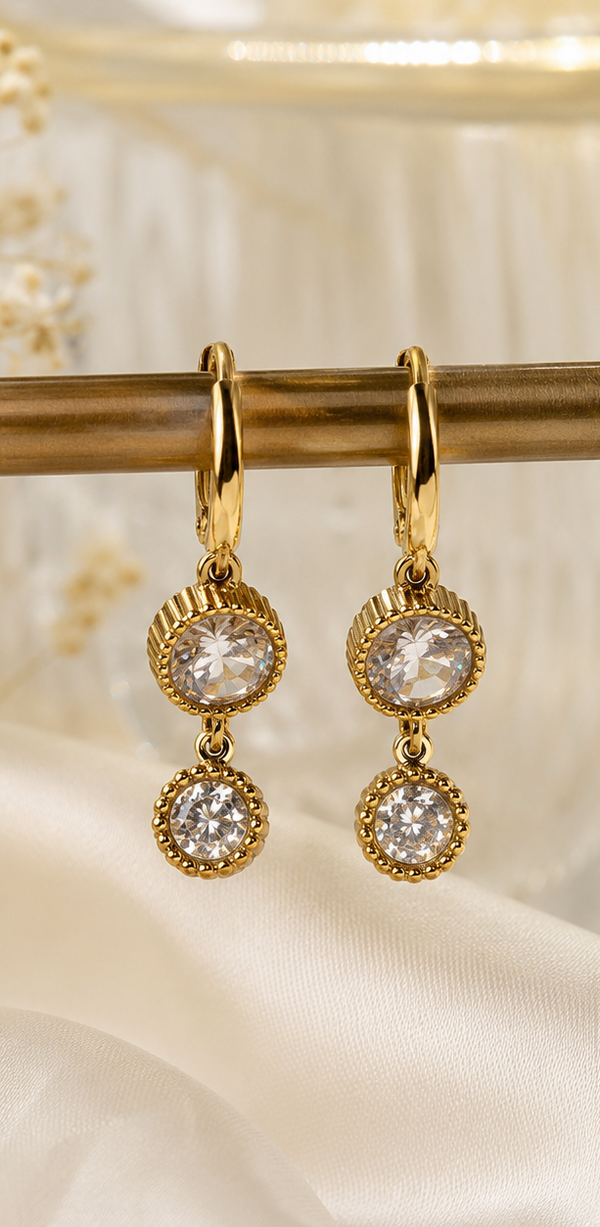 Gold-Tone Double Halo CZ Drop Earrings