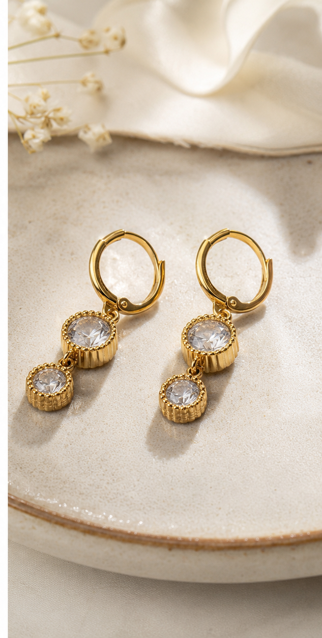 Gold-Tone Double Halo CZ Drop Earrings