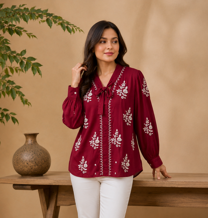 Handcrafted Chikankari Muslin Embroidered Shirt – Maroon
