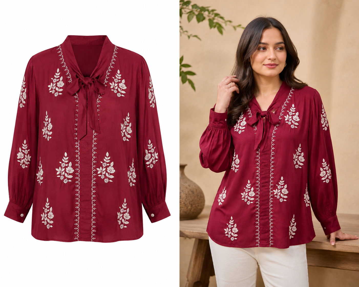 Handcrafted Chikankari Muslin Embroidered Shirt – Maroon