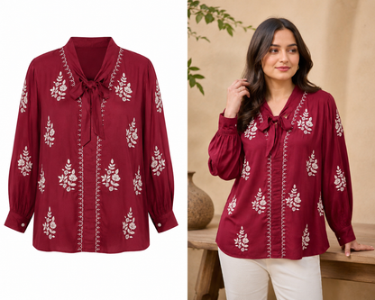 Handcrafted Chikankari Muslin Embroidered Shirt – Maroon