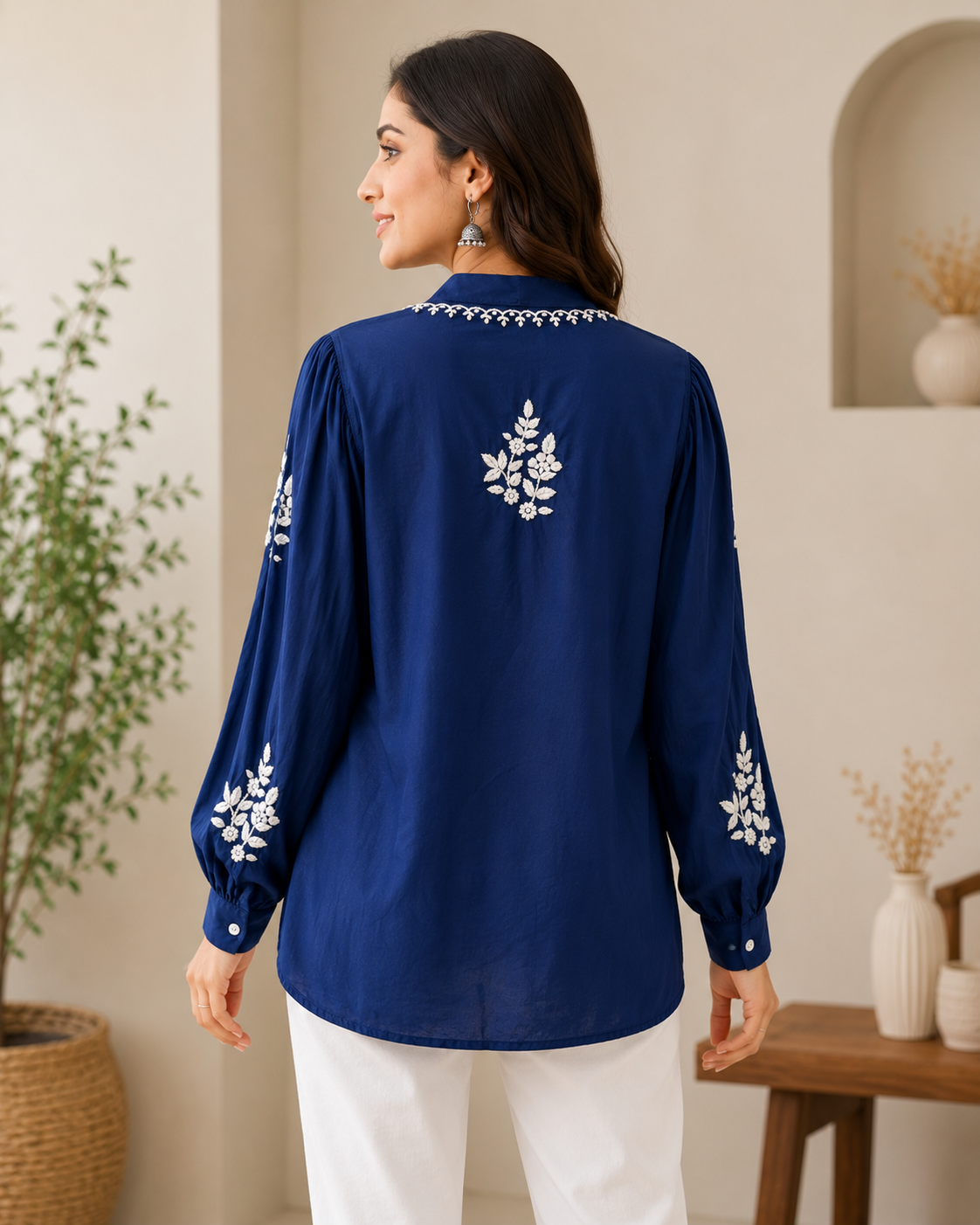 Navy Blue Handcrafted Chikankari Muslin Shirt