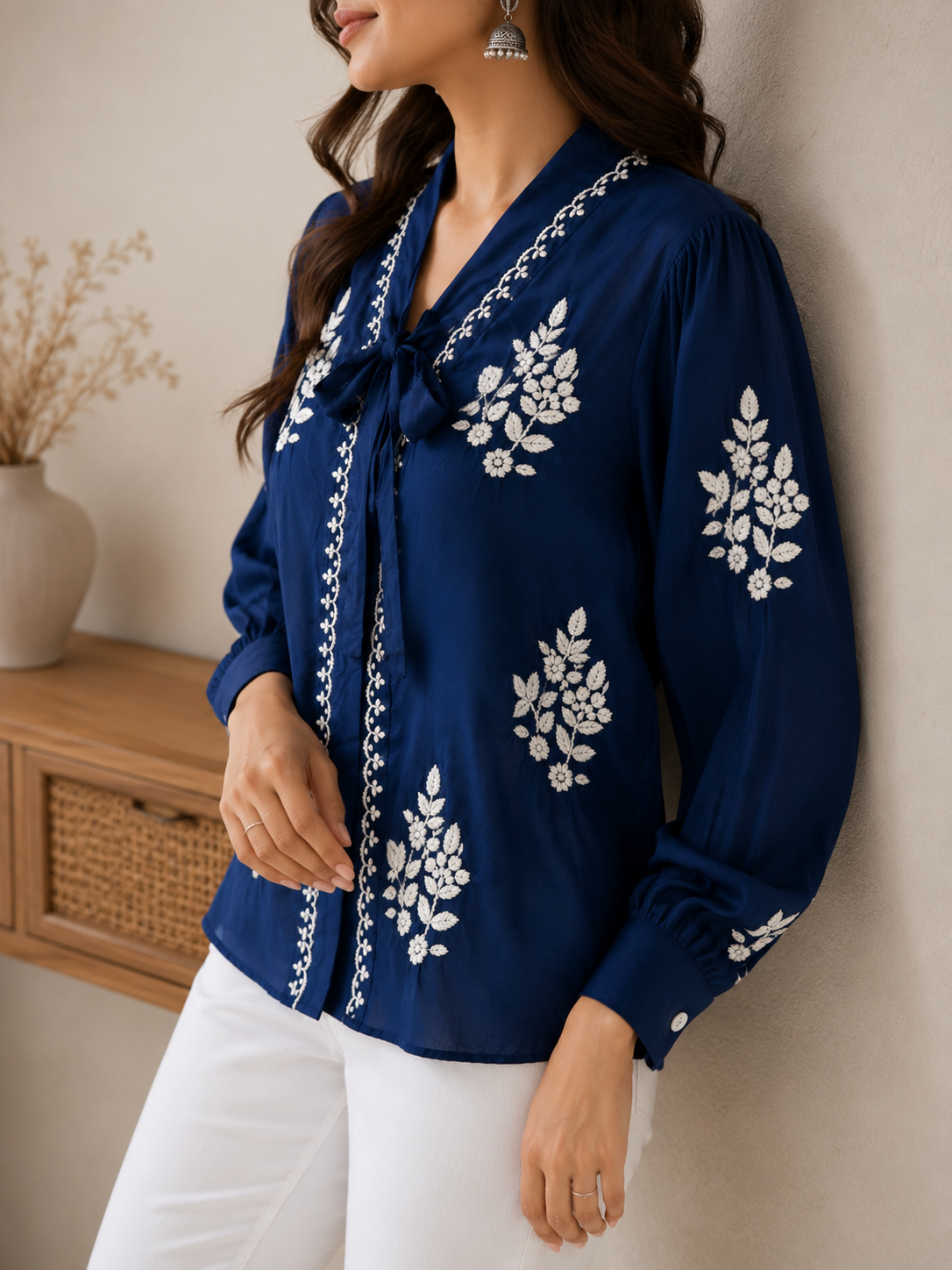 Navy Blue Handcrafted Chikankari Muslin Shirt