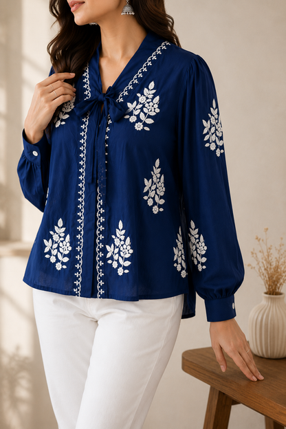 Navy Blue Handcrafted Chikankari Muslin Shirt