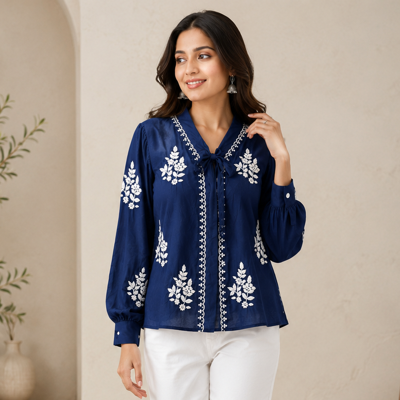 Navy Blue Handcrafted Chikankari Muslin Shirt